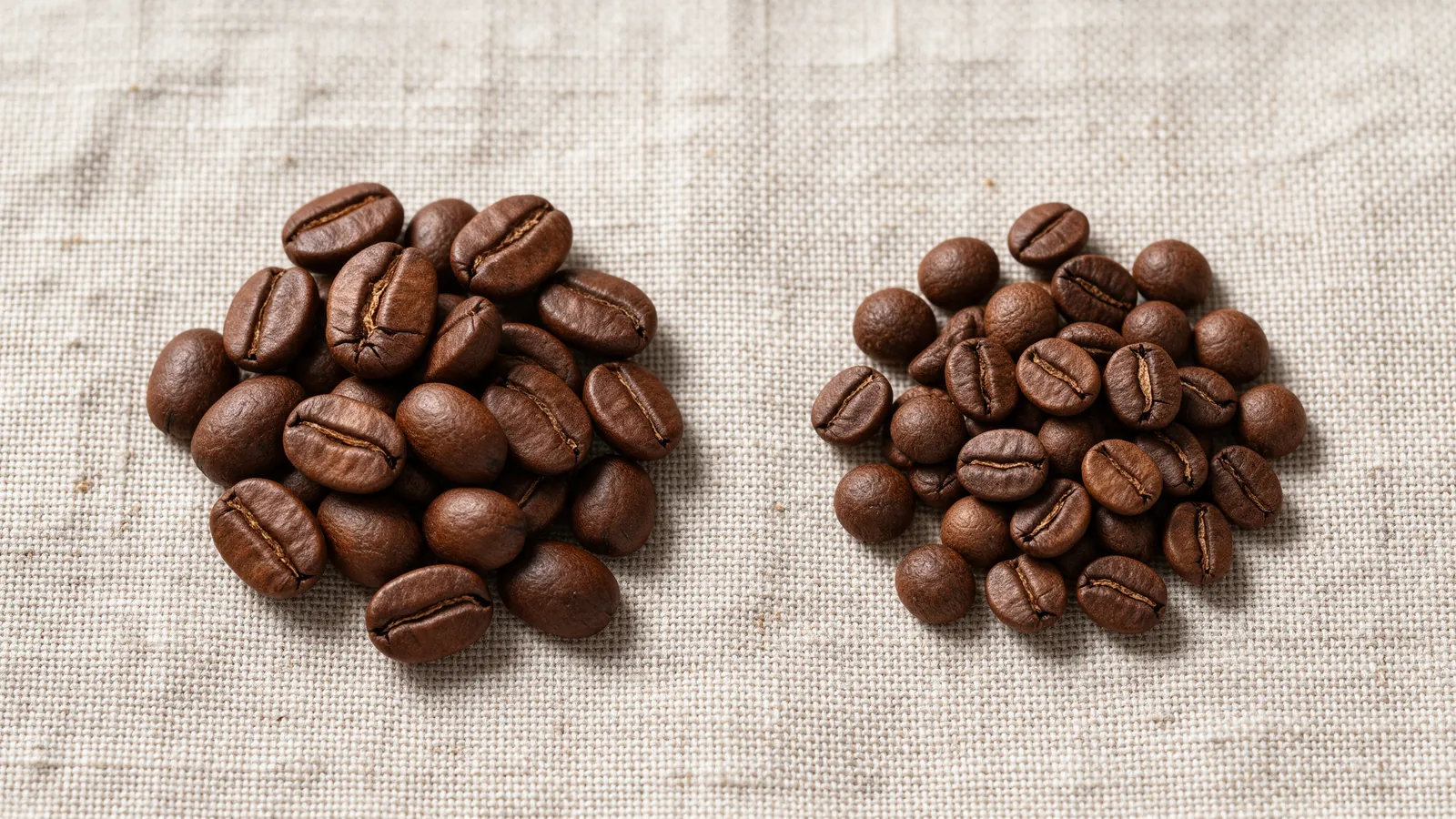 Two piles of roasted coffee beans on linen, larger oval arabica beside smaller round robusta