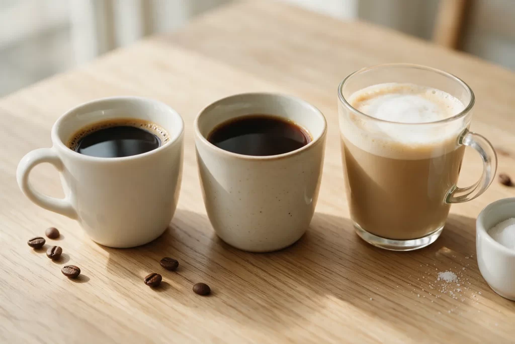 Un café solo, un descafeinado y un café con leche juntos sobre una mesa de madera clara con unos granos de café