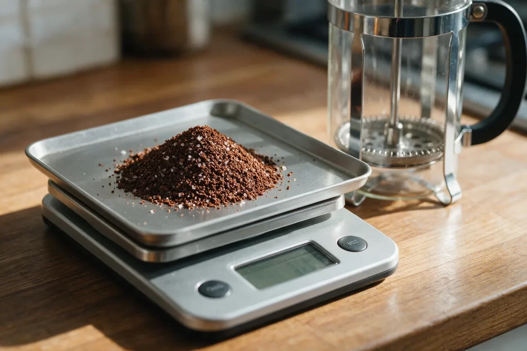 Café de molienda gruesa para prensa francesa pesado en una báscula de cocina digital junto a una prensa vacía