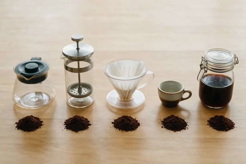 Coffee brewers lined up on a wooden table, a French press, a pour-over dripper and an espresso cup, each with a pile of ground coffee