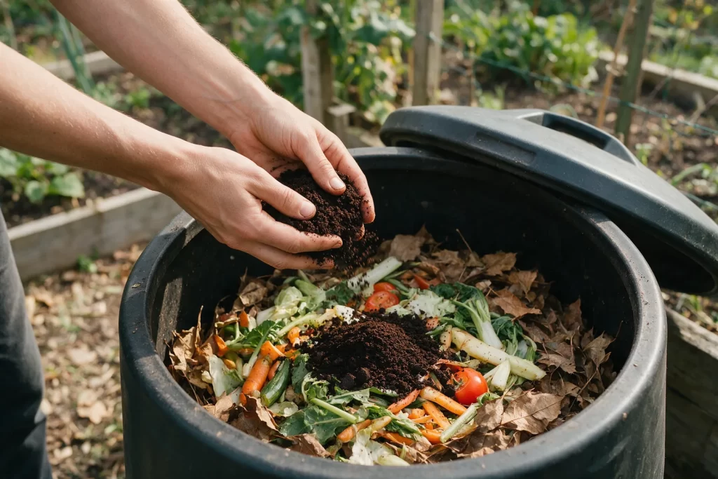 Manos echando posos de café usados en un compostador de jardín con restos de verdura y hojas secas