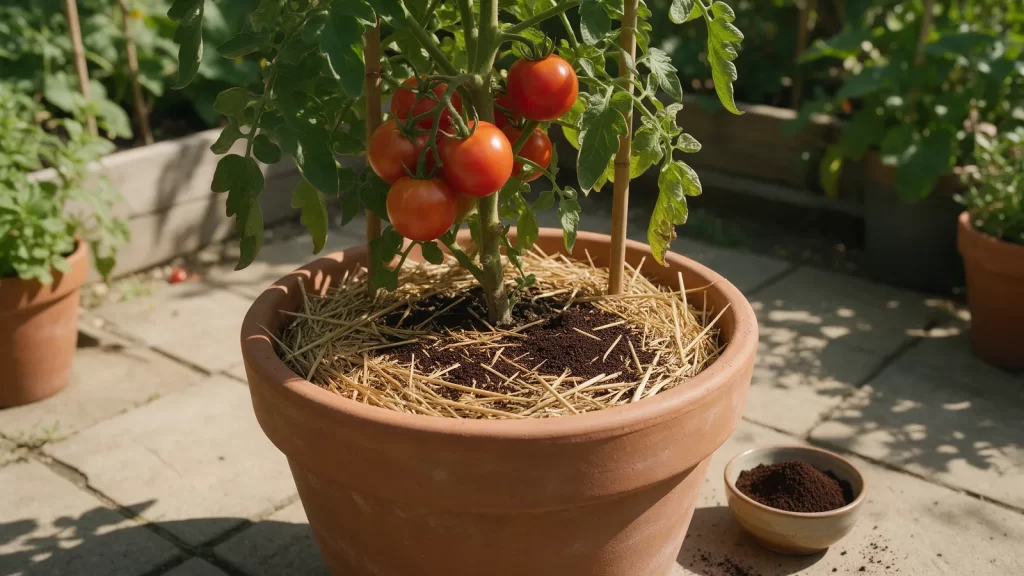 Tomatera en maceta de barro con tomates maduros, una capa fina de posos de café bajo un acolchado de paja y un cuenco con posos junto a la maceta