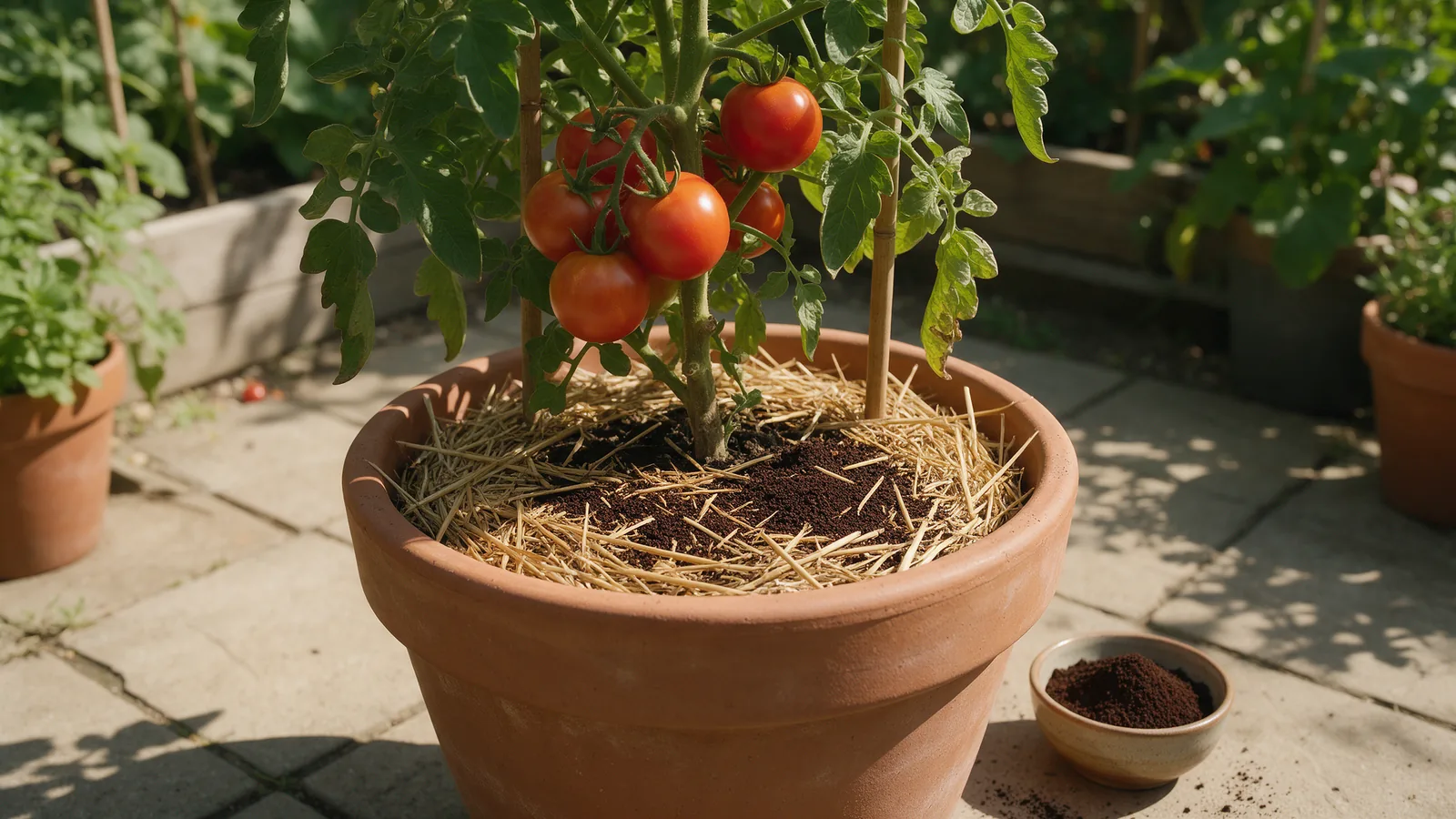 Coffee grounds for plants: a potted tomato plant with ripe tomatoes, a thin layer of used coffee grounds under straw mulch and a small bowl of grounds beside the pot