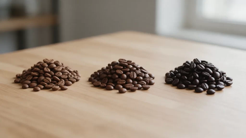 Tipos de tueste de café: tres montones de granos de tueste claro, medio y oscuro sobre una mesa de madera