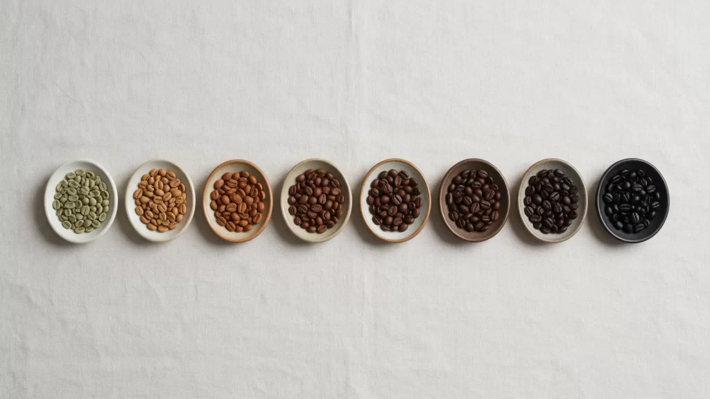 Escala de tueste del café: cuencos con granos desde café verde sin tostar hasta tueste claro, medio y oscuro brillante