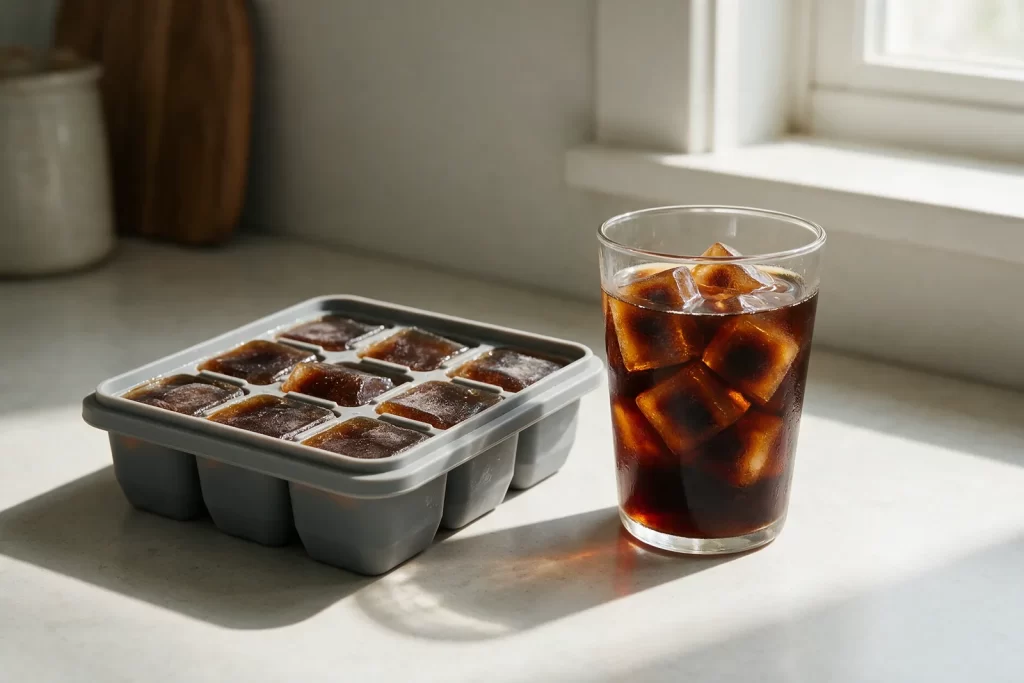 Cubitos de cold brew congelados en una cubitera junto a un vaso de café con cubitos de café