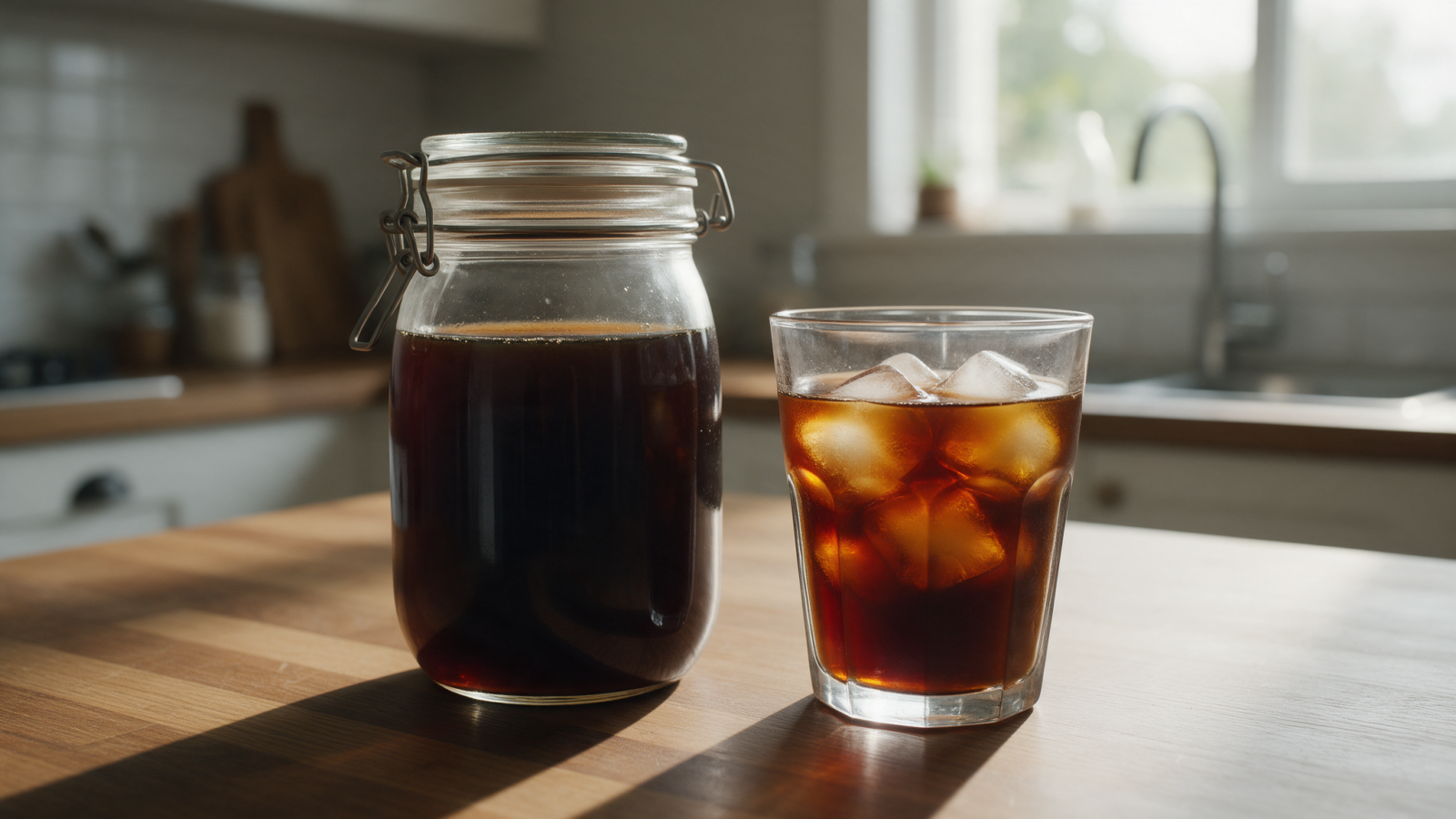 How to make cold brew concentrate: a jar of homemade concentrate next to a glass of iced cold brew