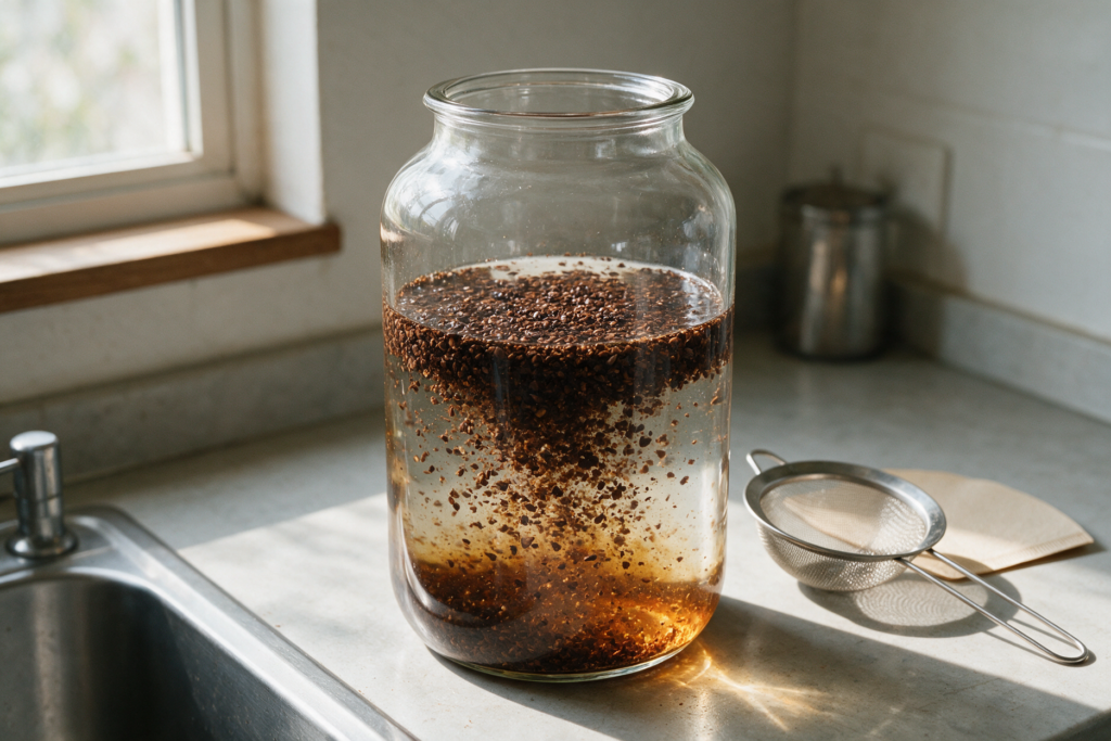 Coarse ground coffee steeping in water in a glass jar, with a mesh strainer and paper filter ready
