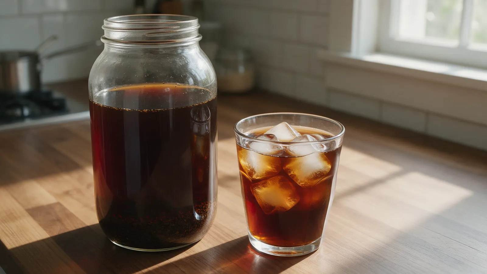 A glass jar of cold brew steeping beside a glass of iced coffee on a wooden counter