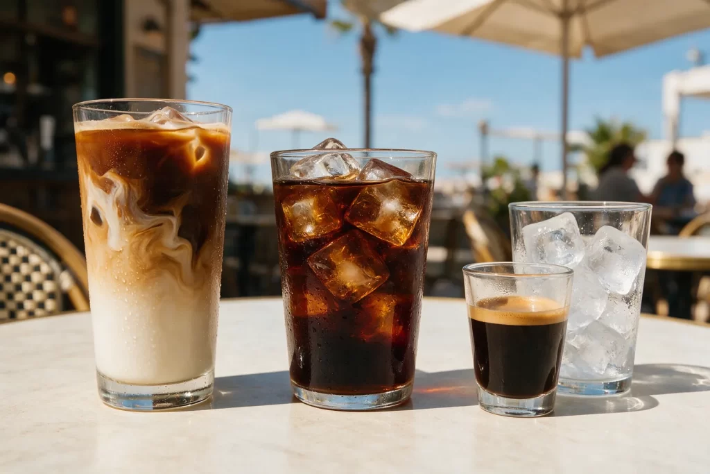 Cafés fríos en una terraza al sol: latte con hielo, cold brew con hielo y un café solo junto a un vaso con hielo