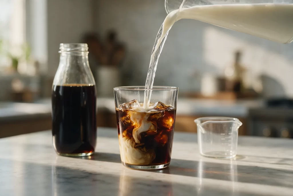 Leche vertida en un vaso de concentrado de cold brew con hielo para diluirlo, junto a una botella de concentrado y una jarrita medidora sobre mármol