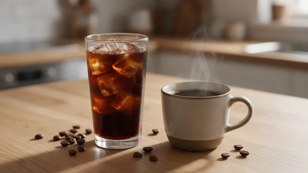 Cuánta cafeína tiene el cold brew: un vaso alto de cold brew con hielo junto a una taza de café caliente sobre una mesa de madera al sol