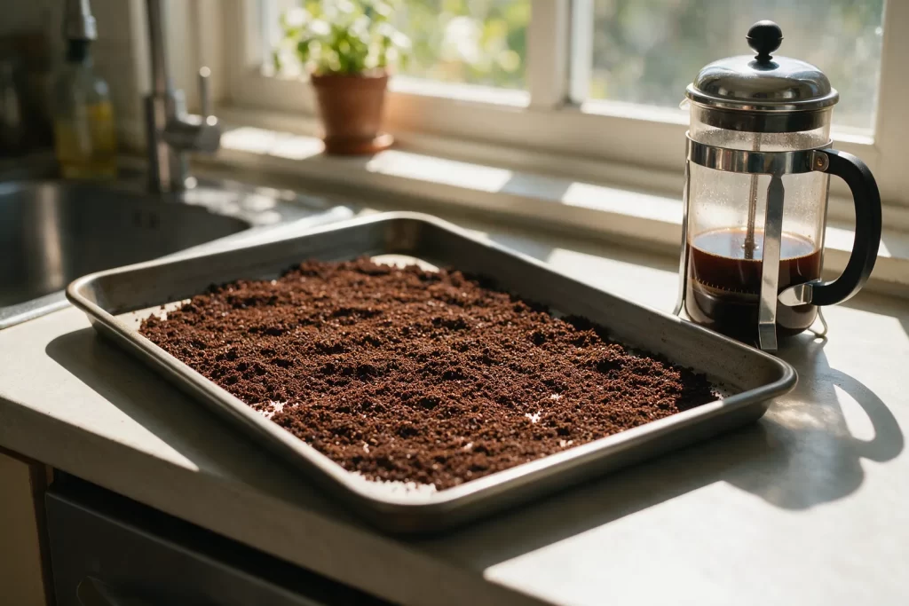 Posos de café usados extendidos en una bandeja de horno para secarse junto a una ventana soleada, al lado de una prensa francesa