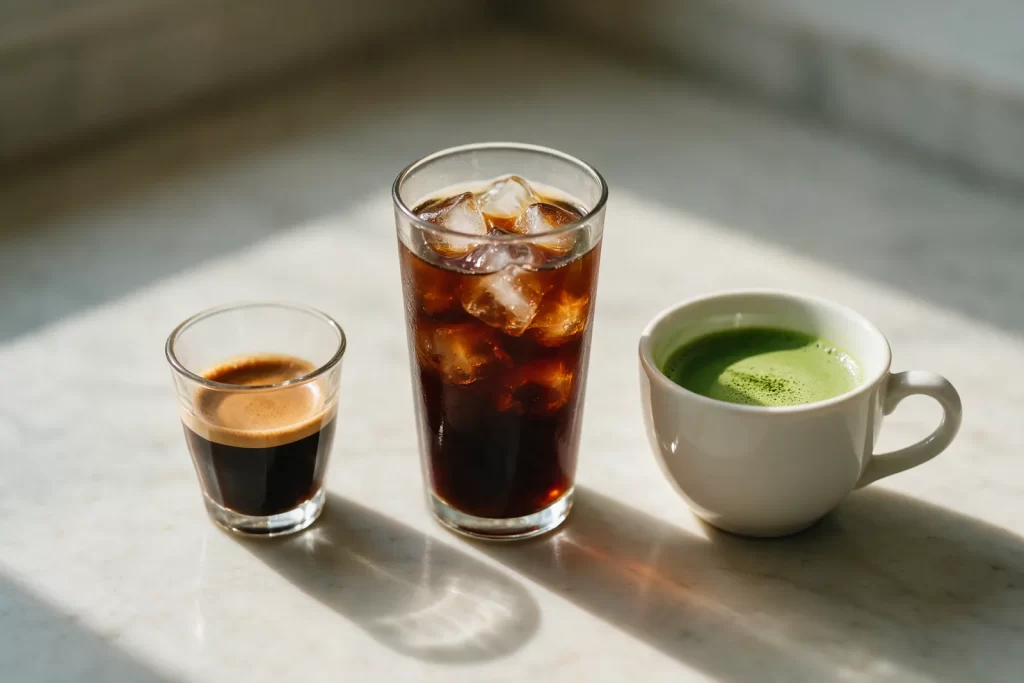 Un café solo, un vaso alto de cold brew con hielo y una taza de matcha juntos sobre una encimera de mármol