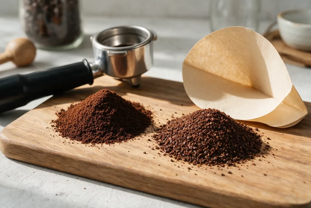 Café molido fino para espresso junto a molienda media para filtro sobre una tabla de madera, con un portafiltro y un filtro de papel detrás