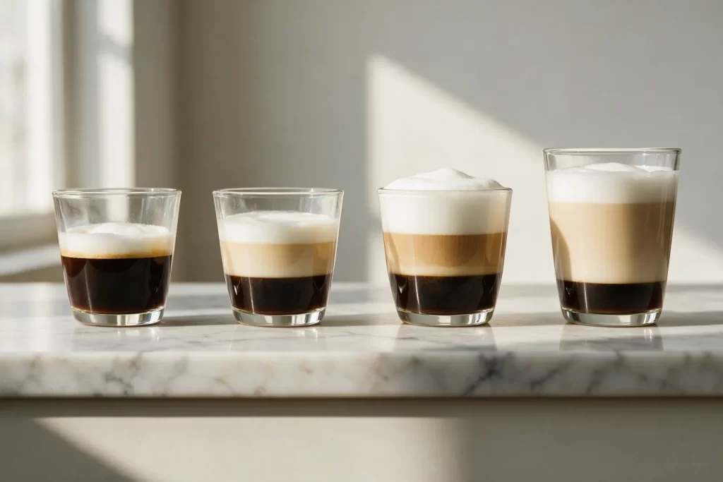 Cuatro vasos de cristal sobre una encimera de mármol con capas de café, leche y espuma, del macchiato a la leche manchada