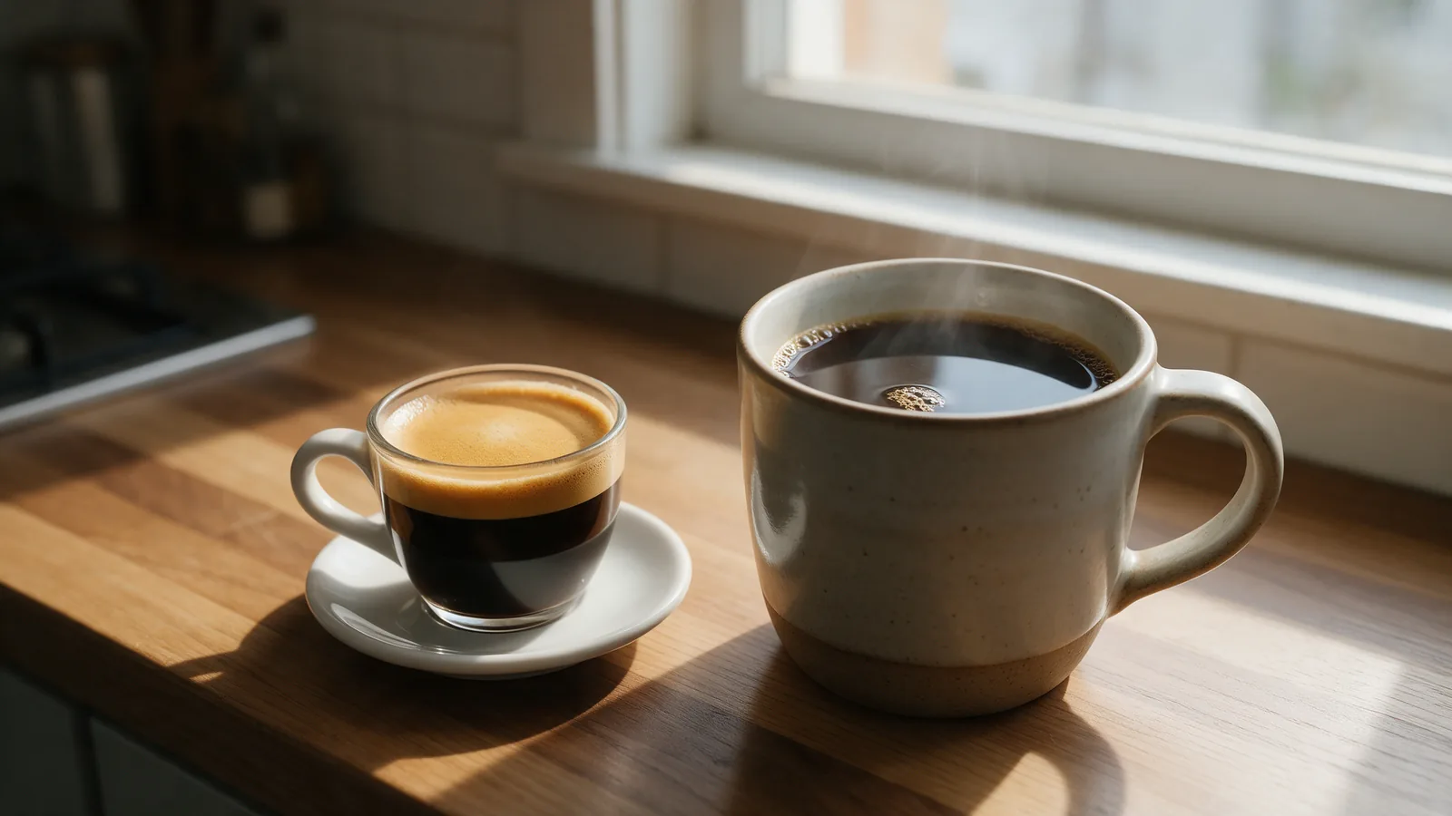 Espresso vs coffee: a small glass of espresso with golden crema next to a steaming mug of drip coffee on a wooden table in window light