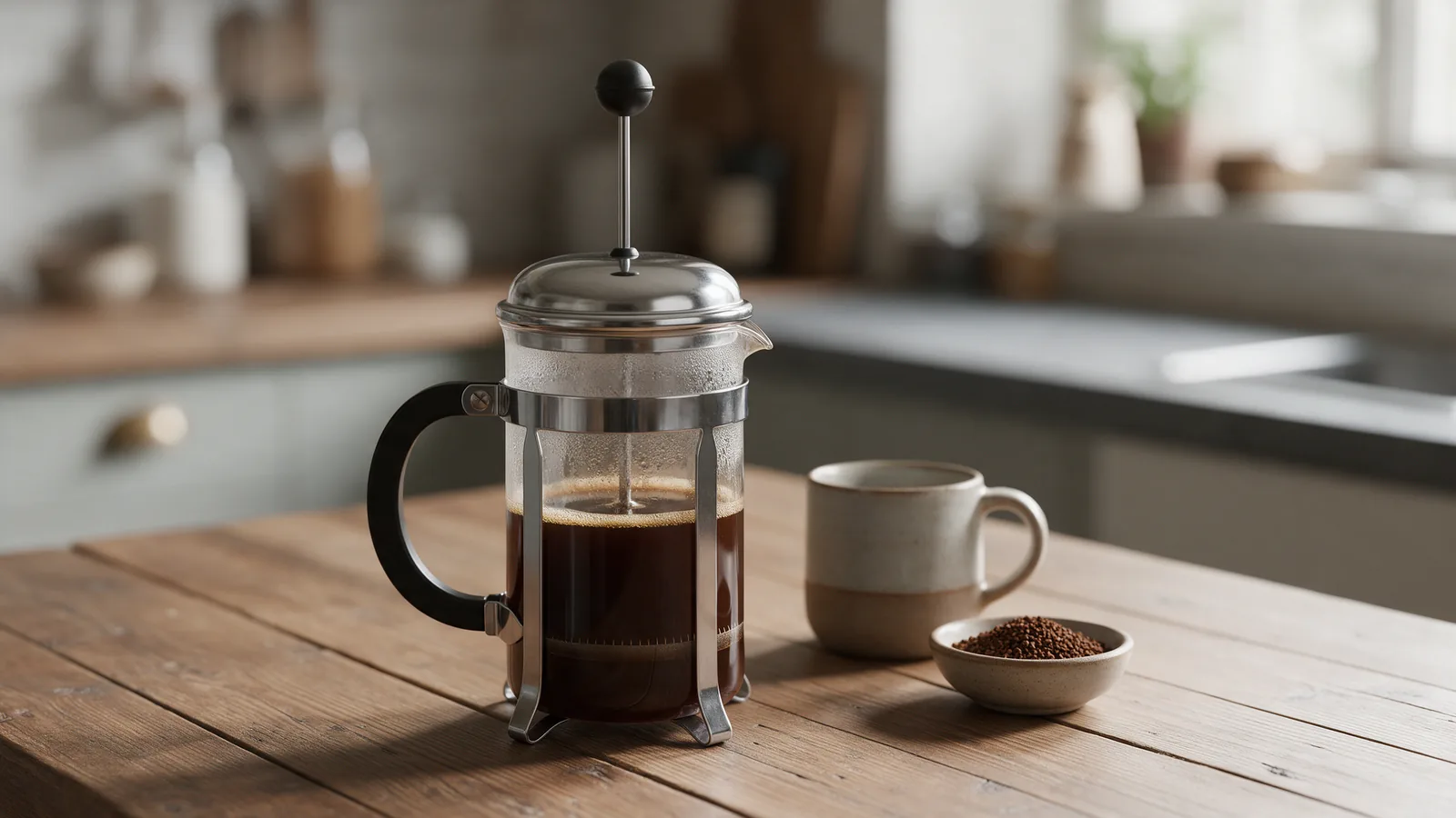 French press coffee ratio: a glass French press of freshly brewed coffee on a wooden table with a ceramic mug and a bowl of coarse ground coffee