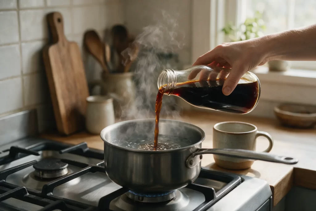 Calentar el cold brew: concentrado vertido desde una botella a un cazo con agua humeante en el fuego