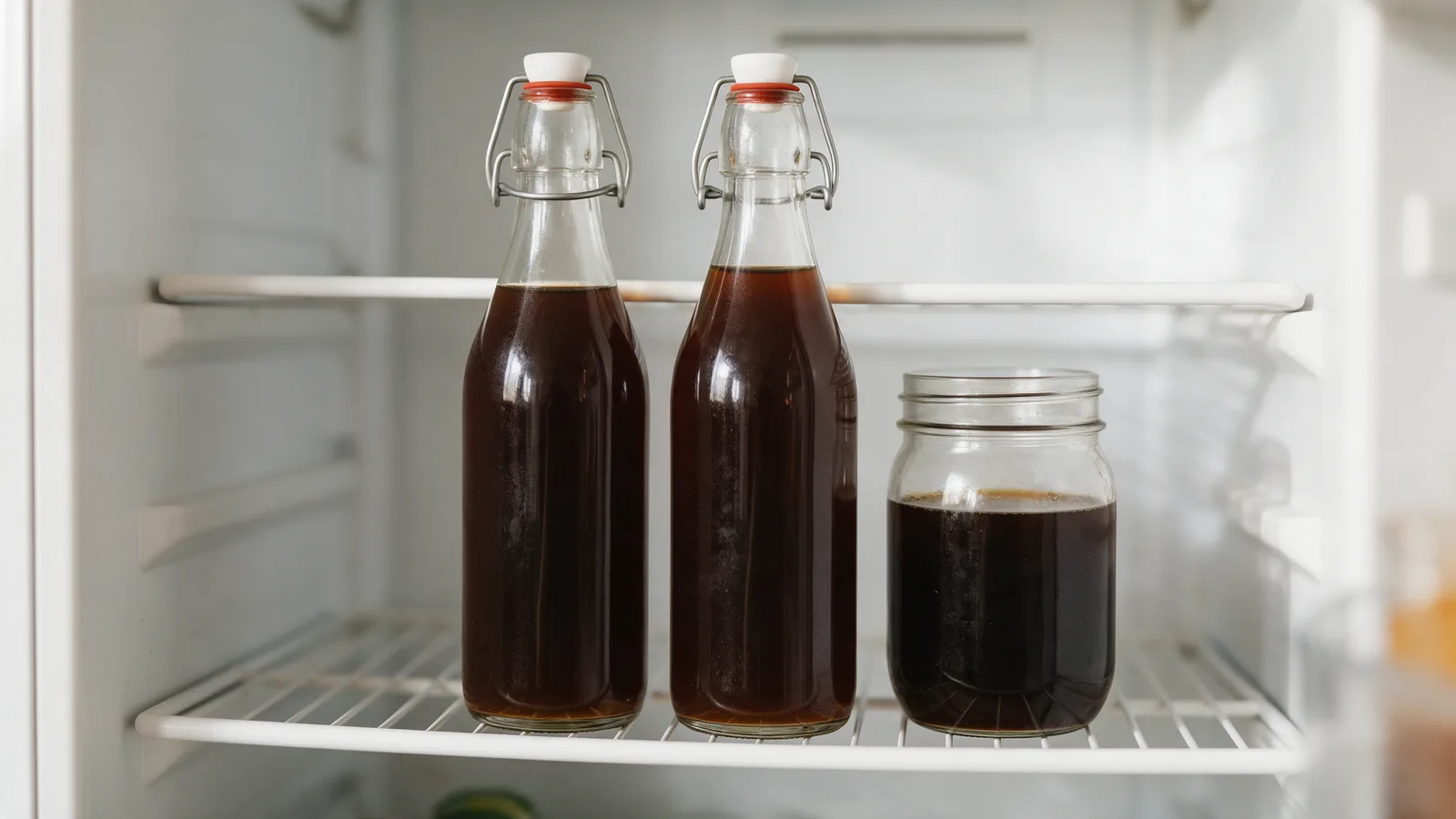 How long does cold brew last in the fridge: two swing-top bottles of cold brew and a jar of concentrate on a fridge shelf