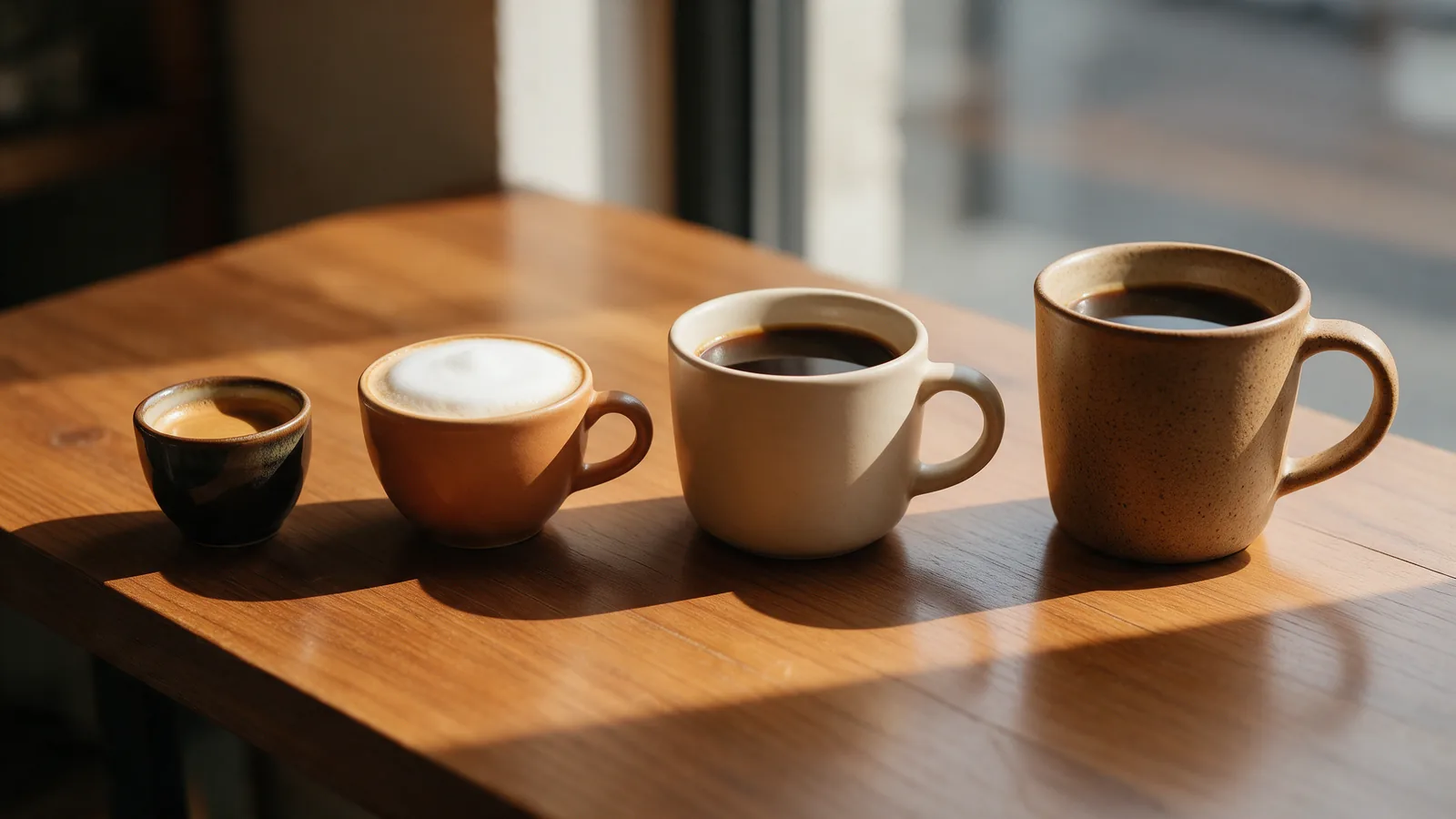 How much caffeine in coffee depends on cup size: an espresso, a cappuccino, a cup of filter coffee and a large mug on a sunlit wooden table