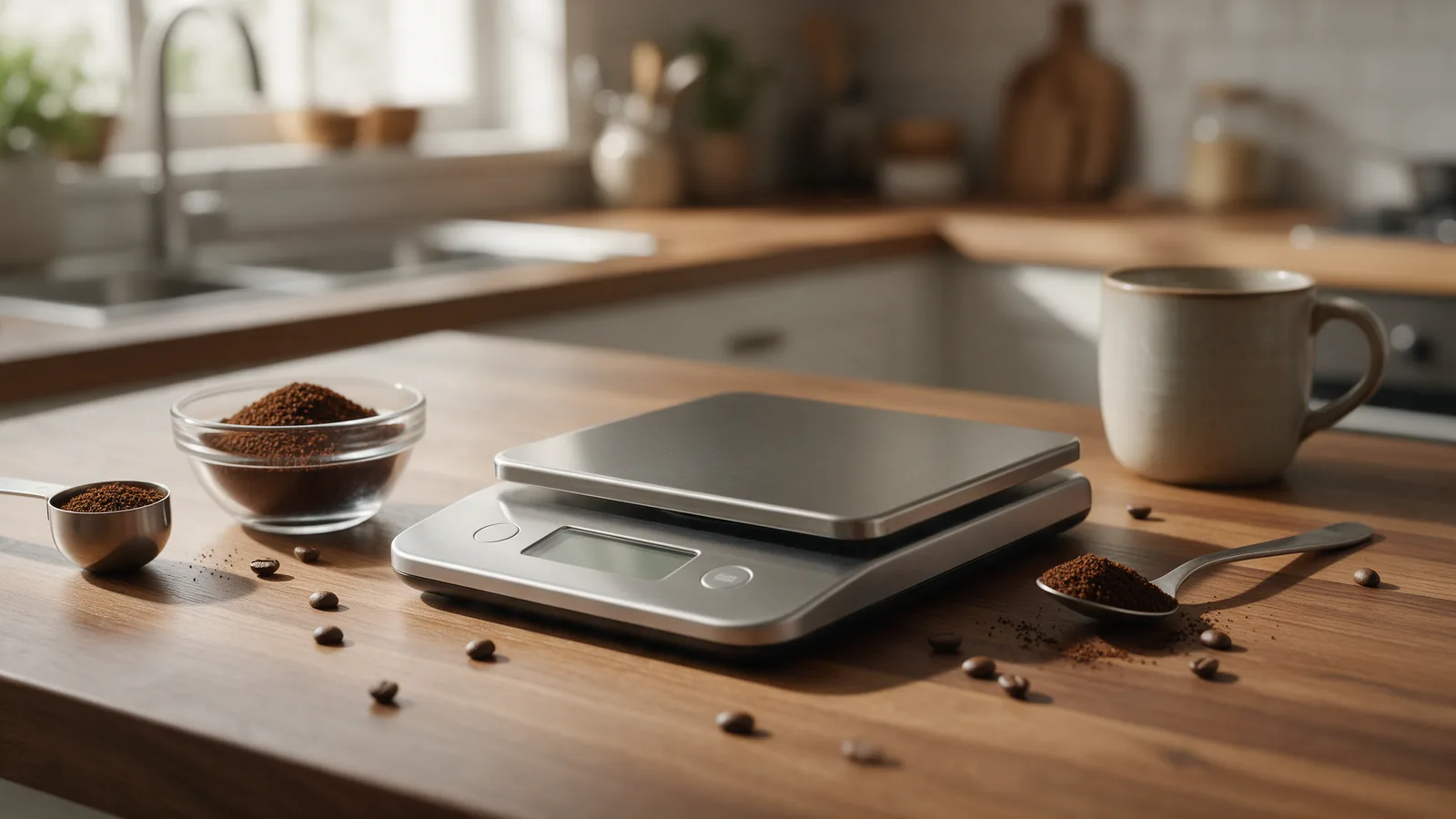 How much coffee per cup: a digital kitchen scale on a wooden counter next to a bowl of ground coffee and scattered beans