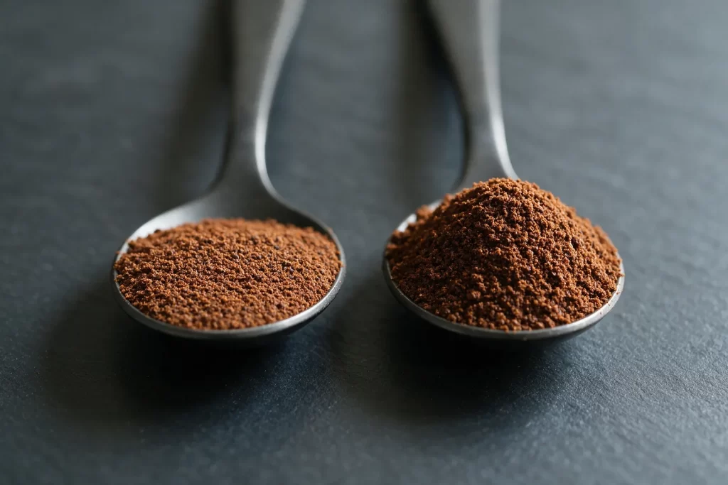 A level tablespoon of ground coffee beside a heaped tablespoon on a dark slate surface