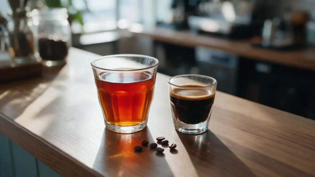 Un vaso de café de filtro de tueste claro, color ámbar, junto a una taza de espresso de tueste oscuro con crema