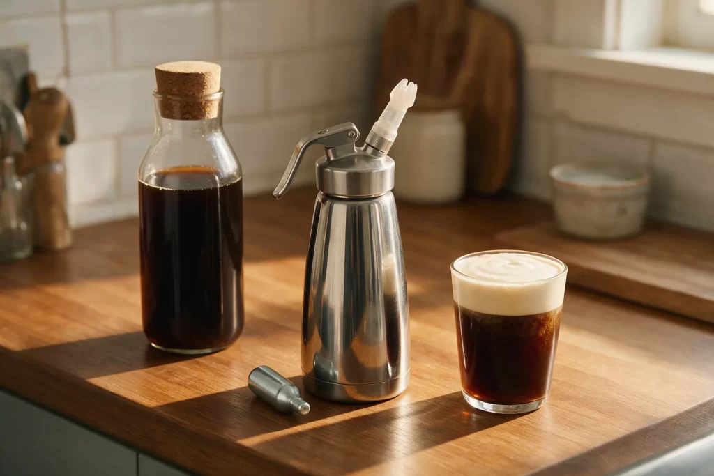 Nitro cold brew en casa: sifón de nata con una carga junto a una botella de cold brew y un vaso con espuma cremosa