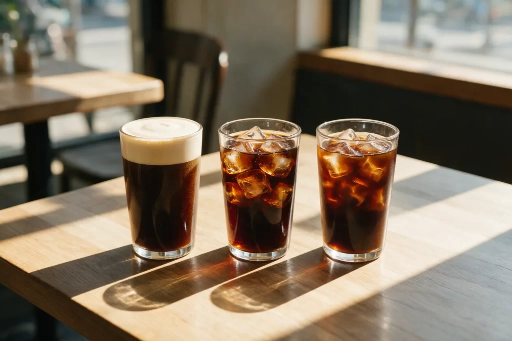 Nitro cold brew sin hielo junto a un cold brew y un café con hielo en una mesa soleada de cafetería