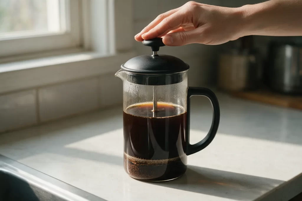 Mano bajando despacio el émbolo de una prensa francesa de vidrio, con los posos de café asentados en el fondo