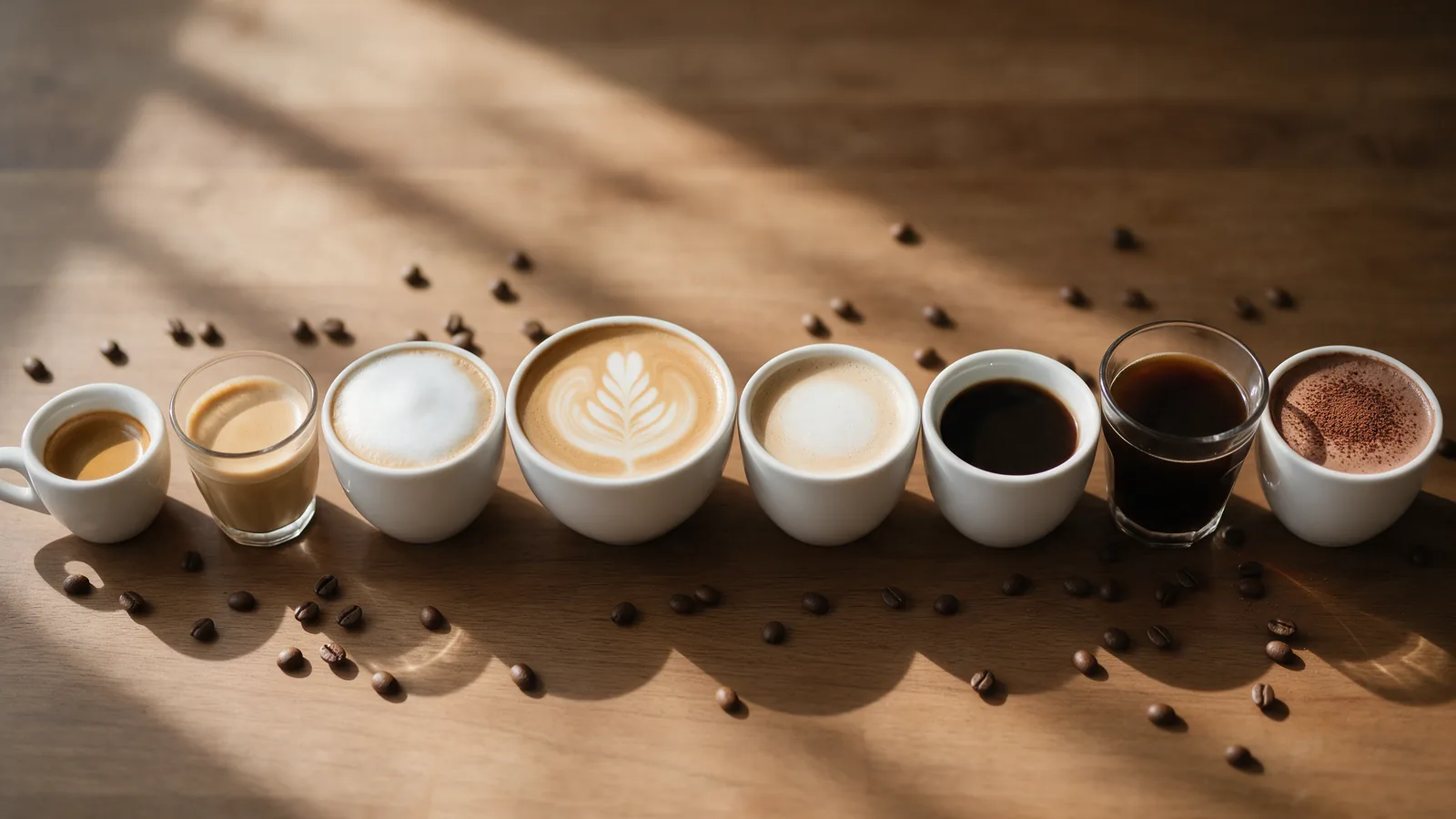 Types of coffee drinks: a row of cups with a cappuccino, a latte with latte art, a flat white and an espresso on a sunlit wooden table