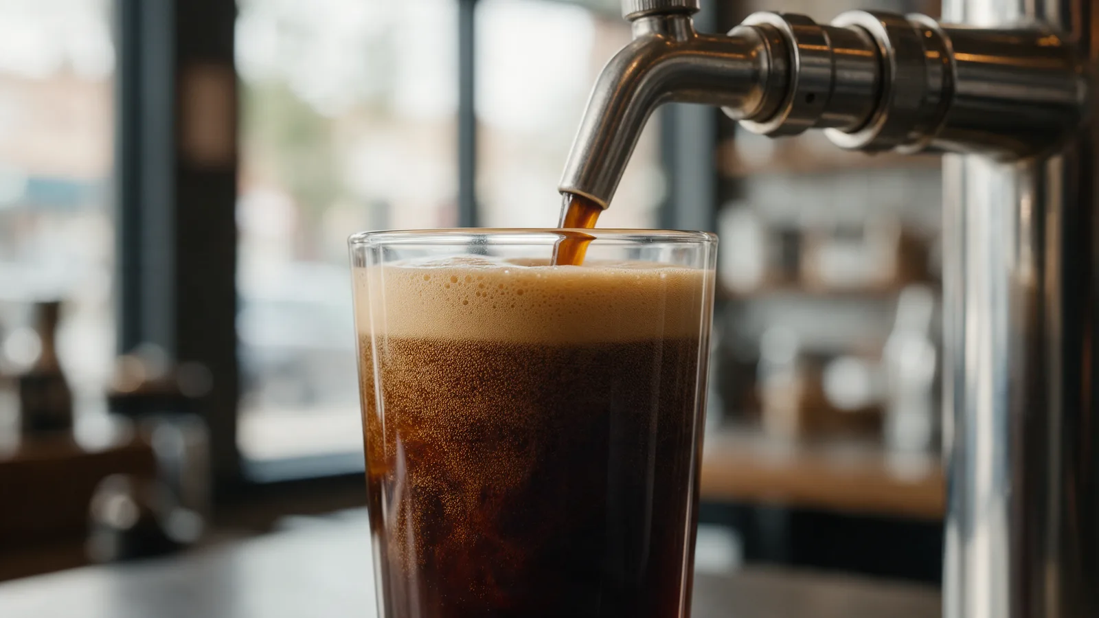 What is nitro cold brew: nitro coffee pouring from a stainless steel tap into a tall glass, with a cascade of tiny bubbles and a creamy head