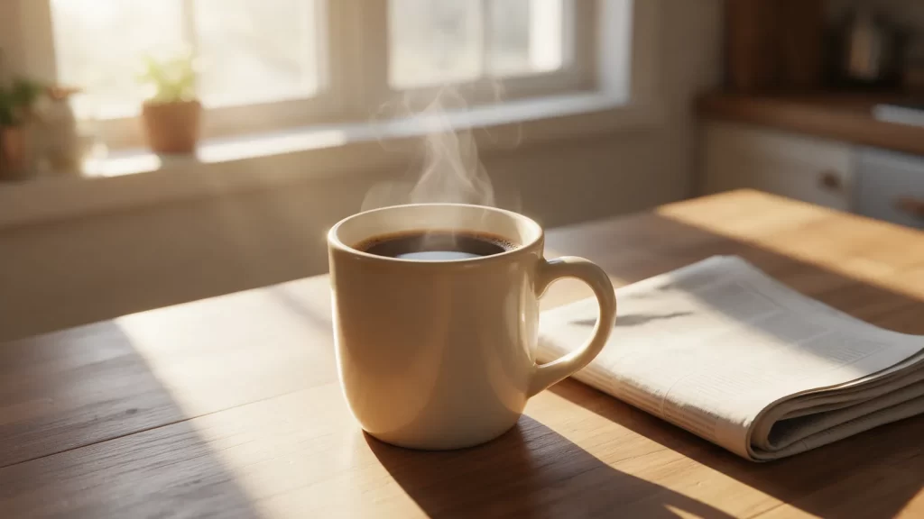Por qué el café da ganas de ir al baño: una taza de café solo humeante y un periódico doblado sobre una mesa de madera con luz de mañana
